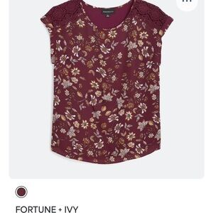 Women's Burgundy Floral Lace Sleeve Top